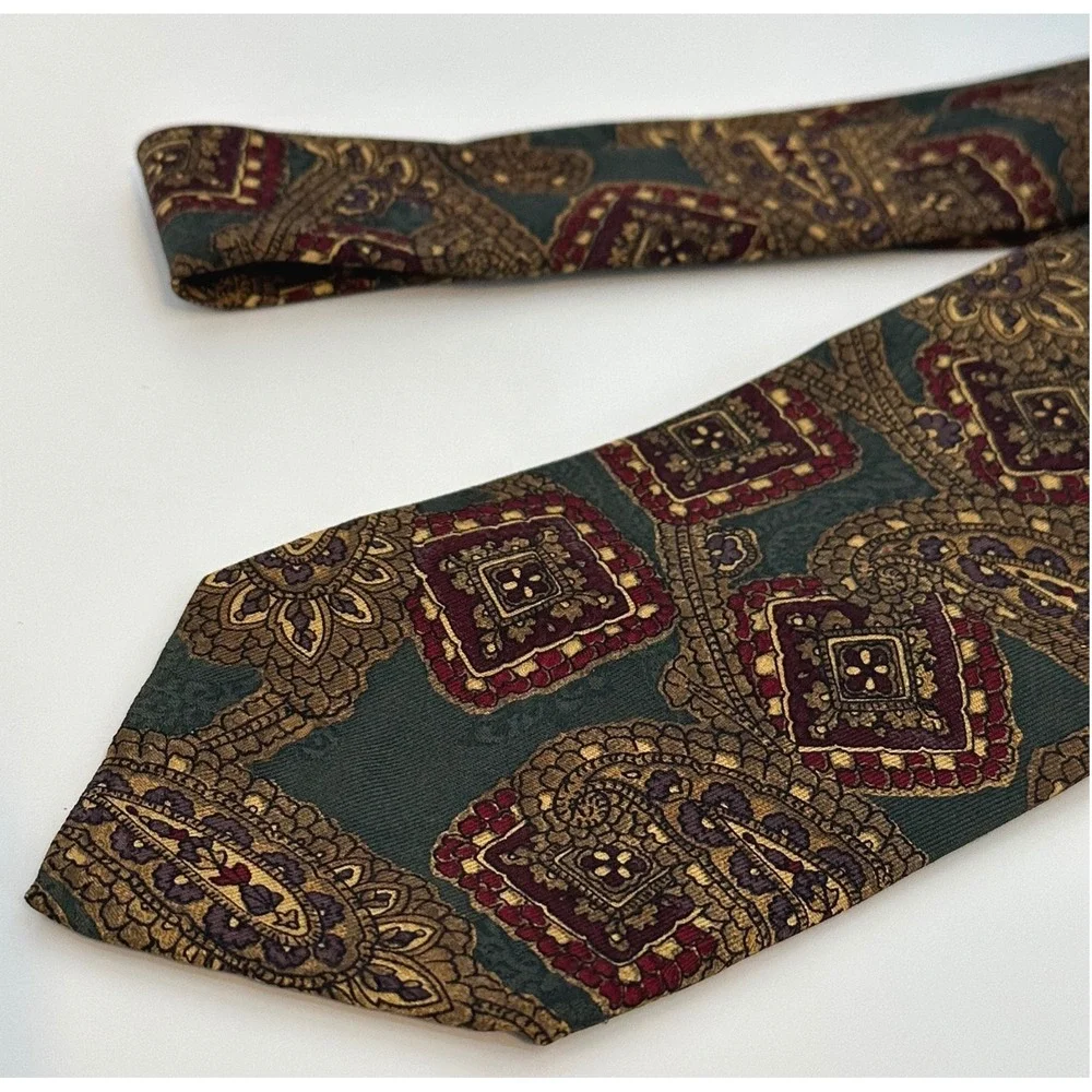 Robert Talbott Carmel Necktie Paisley Square Olive Green Burgundy‎ Silk Tie